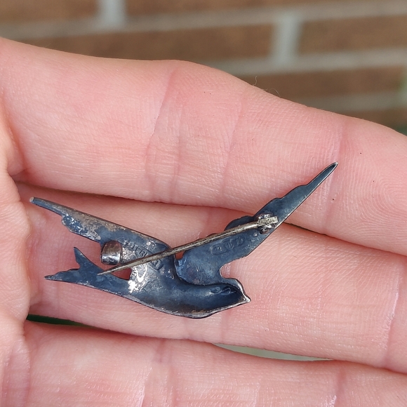 Antique Victorian Sterling Blue Guilloche Enameled Blue Swallow Pin With C Clasp - Picture 3 of 6